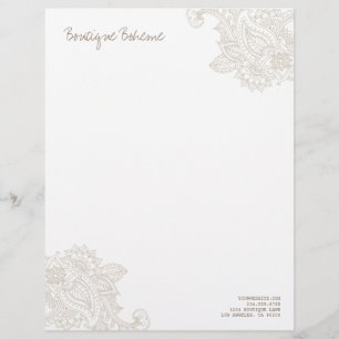 Linen Beige Illustrated Bohemian Paisley Henna Gepersonaliseerd Briefhoofd