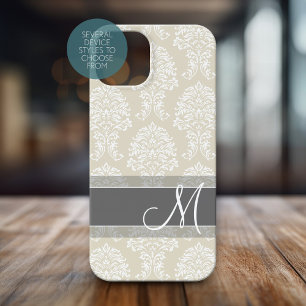 Linen en Charcoal Damask Patroon met Monogram
