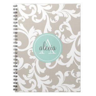 Linen en Mint Monogrammed Damask Print Notitieboek