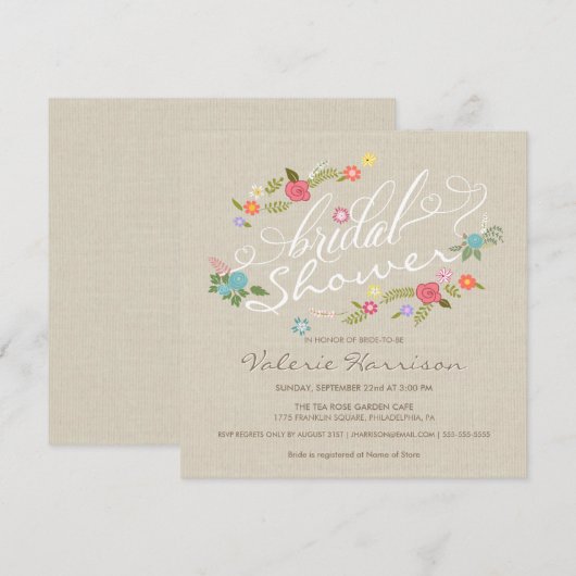  Linen Floral Wreath Vrijgezellenfeest nodigt uit Kaart (Voorkant / Achterkant)