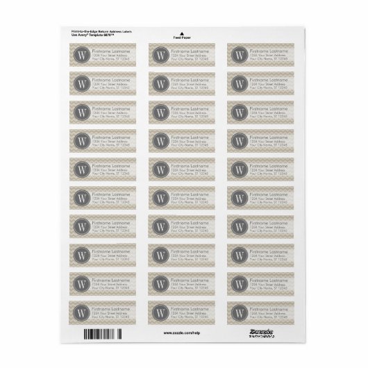 Linen & Gray Chevron Pattern met monogram Etiket (Full Sheet)
