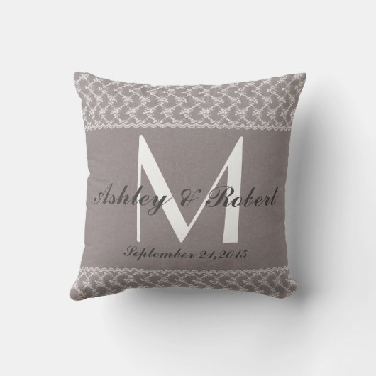 Linen Lace Gray White Monogram Wedding Keepomwille Kussen (Achterkant)