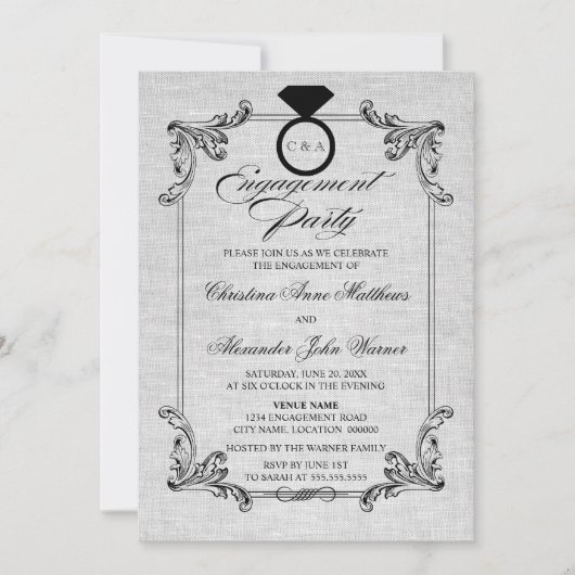 Linen-look en Ornament Engagement Party Kaart (Voorkant)