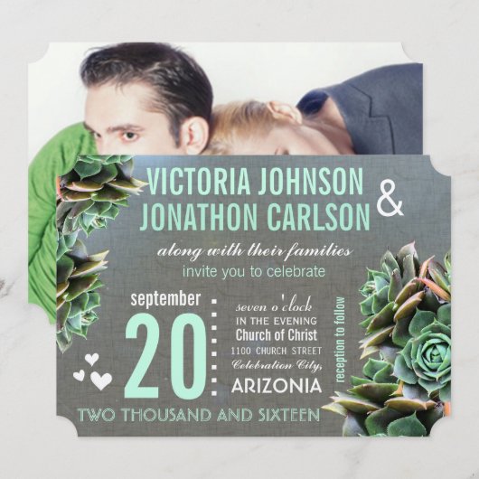 Linen Mint Succulent Your Photo Wedding Kaart (Voorkant / Achterkant)