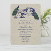 Linen Peacock Rustic Wedding Invitation Kaart (Staand voorkant)