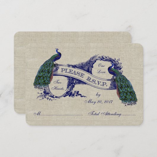 Linen Peacocks Cartes RSVP de mariage rustique (Devant / Derrière)