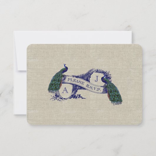 Linen Peacocks Cartes RSVP de mariage rustique (Dos)