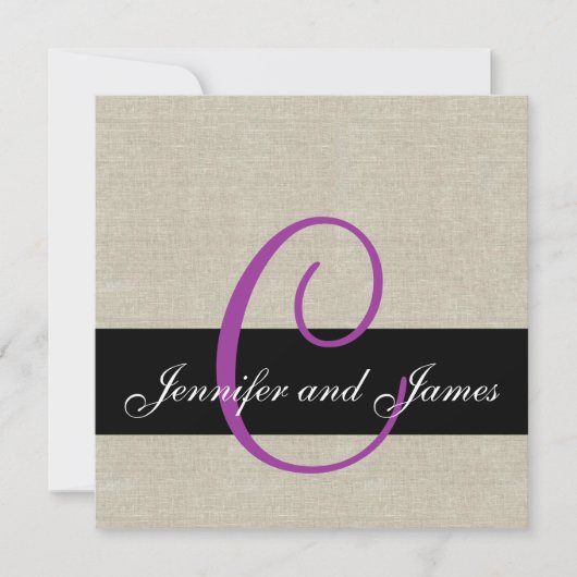 Linen Rustic Wedding Invitation Monogram Paars Kaart (Voorkant)
