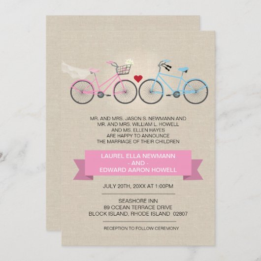 Linen Style Pink Bicycle Wedding Kaart (Voorkant / Achterkant)