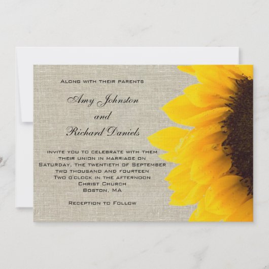 Linen Sunflower Rustic Wedding Invitation Kaart (Voorkant)
