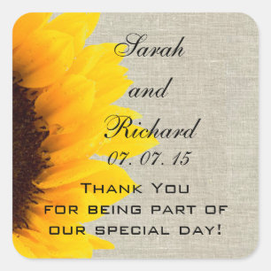 Linen Sunflower Thank You Wedding Favor Vierkante Sticker