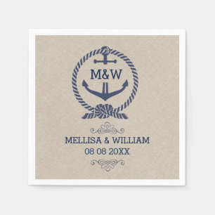 Linen Texture & Blue Boat Anchor Wedding Design Servet