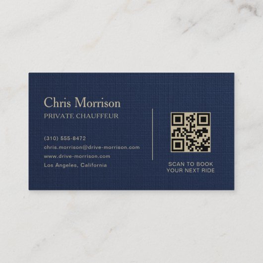 Linen Transport Car QR Code Navy Blue & Gold Visitekaartje (Achterkant)