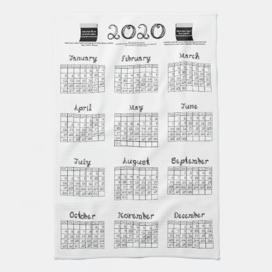 Linge De Cuisine 2020 calendrier boulons tissu noir blanc cuisine (Vertical)