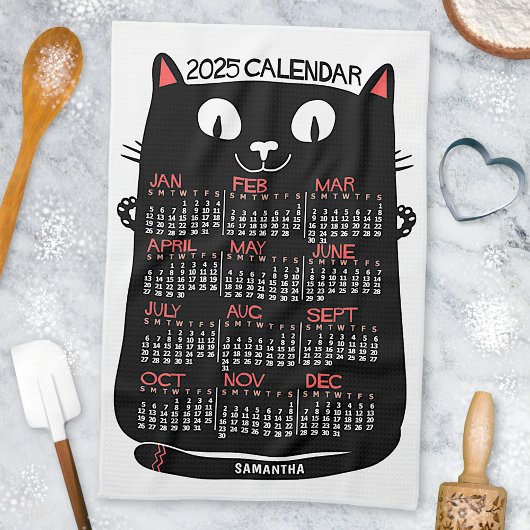 Linge De Cuisine 2025 Année Calendrier mensuel Chat noir du milieu