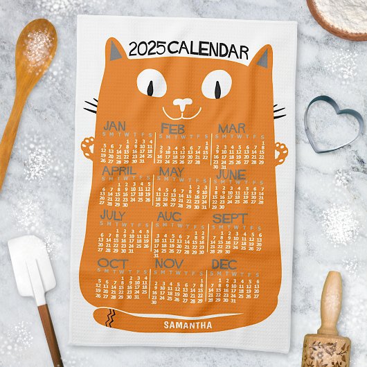 Linge De Cuisine 2025 Année Calendrier mensuel Mi-Siècle Orange Cha