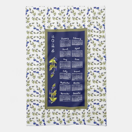 Linge De Cuisine 2026 Calendar Blueberries On Stem Vine Leaves Navy (Vertical)