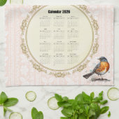 Linge De Cuisine 2026 Calendar Towel Robin Bird Peach Damask (Plié)