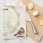 Linge De Cuisine 2026 Calendar Towel Robin Bird Peach Damask (Quart Plié)
