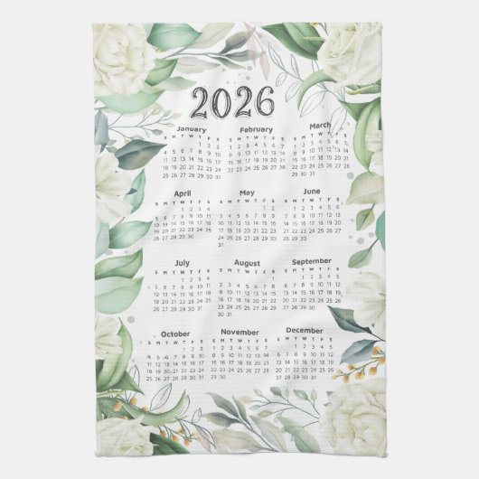 Linge De Cuisine 2026 Calendrier Aquarelle Eucalyptus Blanc Floral (Vertical)