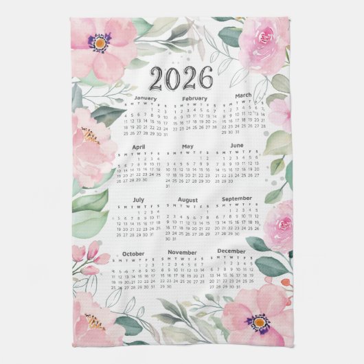 Linge De Cuisine 2026 Calendrier Aquarelle rose pâle Floral (Vertical)