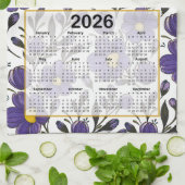 Linge De Cuisine 2026 Calendrier Fleurs violettes bleues avec Feuil (Plié)