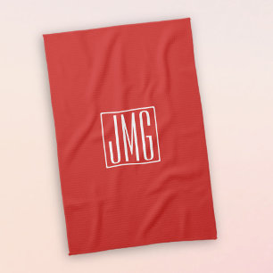 Linge De Cuisine 3 Initiales Monogramme Rouge & Blanc (ou couleur