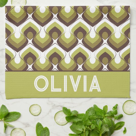 Linge De Cuisine 70s Bold Modern Retro Ogee Motif in Greens (Plié)