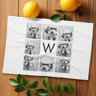 Linge De Cuisine 8 Collage Photo Monogramme Personnalisé Noir et Bl