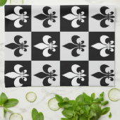 Linge De Cuisine à damiers Blanc Noir Fleur-De-Lis Motif (Plié)