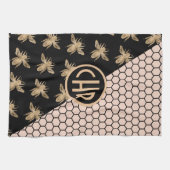 Linge De Cuisine Abeilles noires et d'or et monogramme d'abeille ro (Horizontal)
