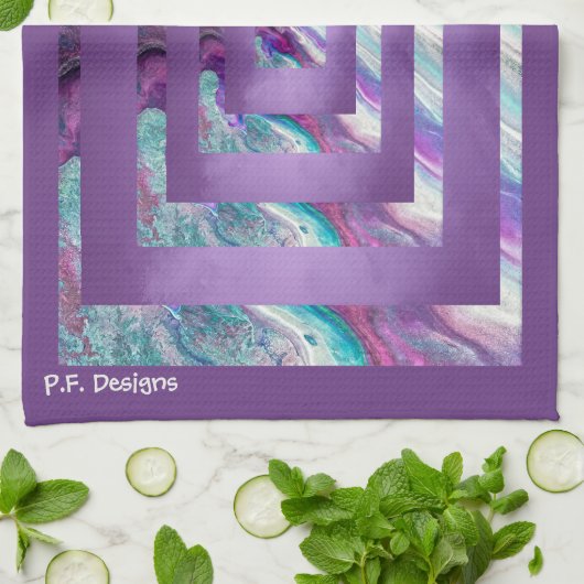 Linge De Cuisine Abstrait blanc Turquoise violet (Plié)