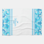 Linge De Cuisine Abstrait bleu clair et blanc avec rayures & nom (Horizontal)