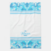 Linge De Cuisine Abstrait bleu clair et blanc avec rayures & nom (Vertical)