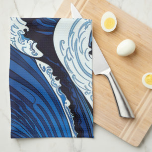 Linge De Cuisine Abstrait Blue Ocean Waves Art de style japonais