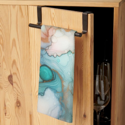Linge De Cuisine Abstrait en rose, sarcelle, bleu et or (Pliage en tiers)