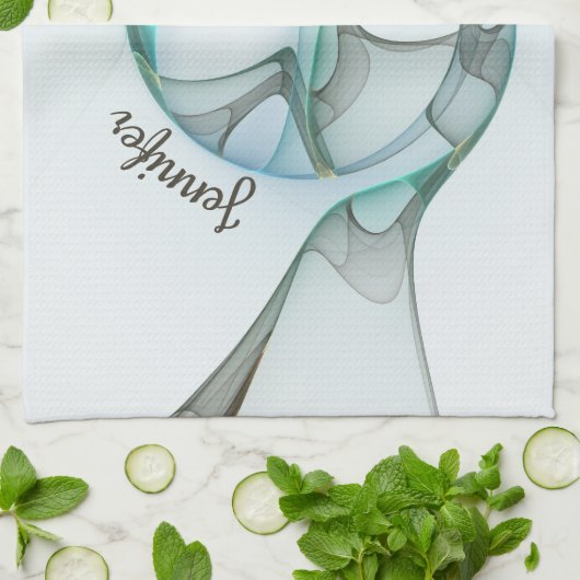 Linge De Cuisine Abstrait moderne Fractal Blue Turquoise Grey Nom (Plié)