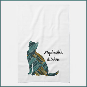 Linge De Cuisine Abstrait Turquoise et Amoureux des chats or