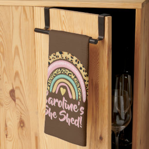 Linge De Cuisine Add Name She Shed Leopard Print Pink Rainbow Heart