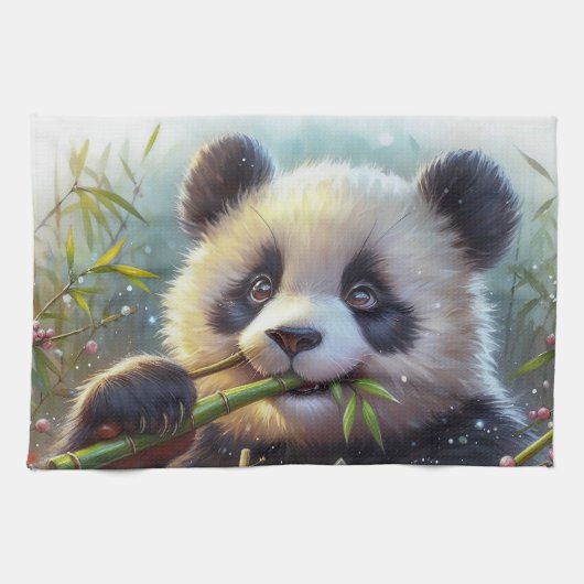 Linge De Cuisine Adorable Ours De Panda Mangeant Bambou (Horizontal)