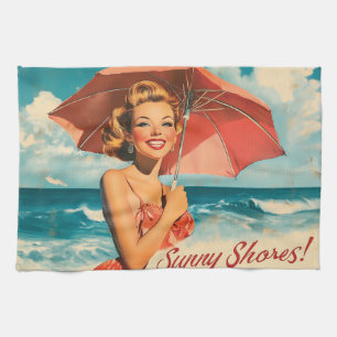 Linge De Cuisine Affiche de vacances de plage vintage : Pin-Up blon
