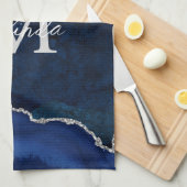 Linge De Cuisine Agate de marbre bleu marine et argenté (Quart Plié)