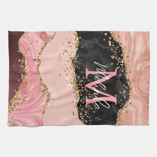 Linge De Cuisine Agate de séquences noir et rose (Horizontal)