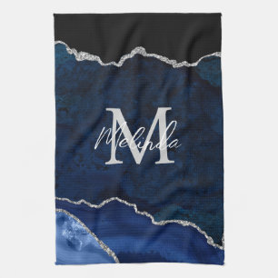 Linge De Cuisine Agate Marbre Bleu Nuit et Argent