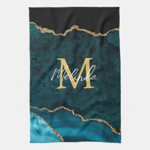 Linge De Cuisine Agate Marbré Bleu Sarcelle et Or