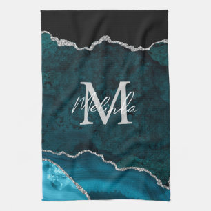 Linge De Cuisine Agate Marbre Bleu Turquoise et Argent