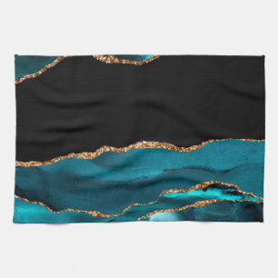 Linge De Cuisine Agate Marbre Luxueux Noir Paillettes Dorées