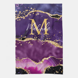 Linge De Cuisine Agate Pailleté Violet Foncé et Or