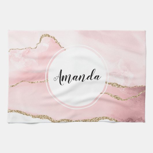 Linge De Cuisine Agate rose vierge avec ruban or Élégant (Horizontal)