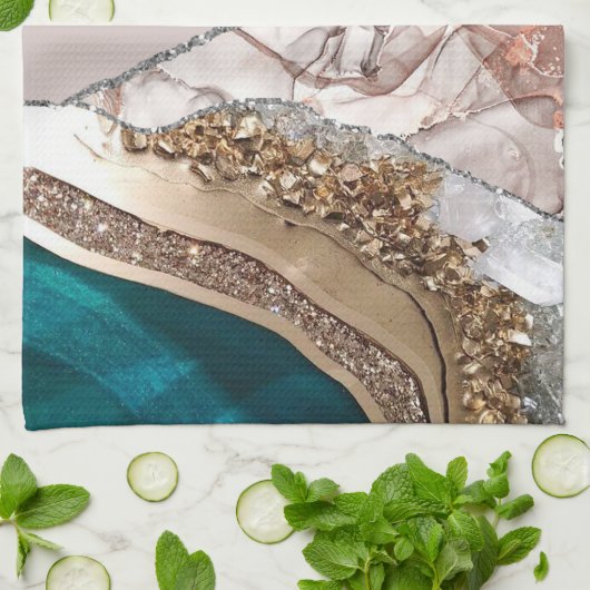 Linge De Cuisine Agate Turquoise Blue Gold Parties scintillant Marb (Plié)